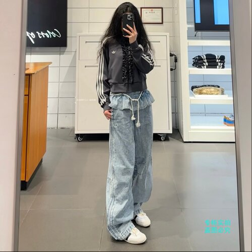 Adidas三叶草26年夏季女子花边腰休闲裤运动牛仔长裤KS0624KT3051
