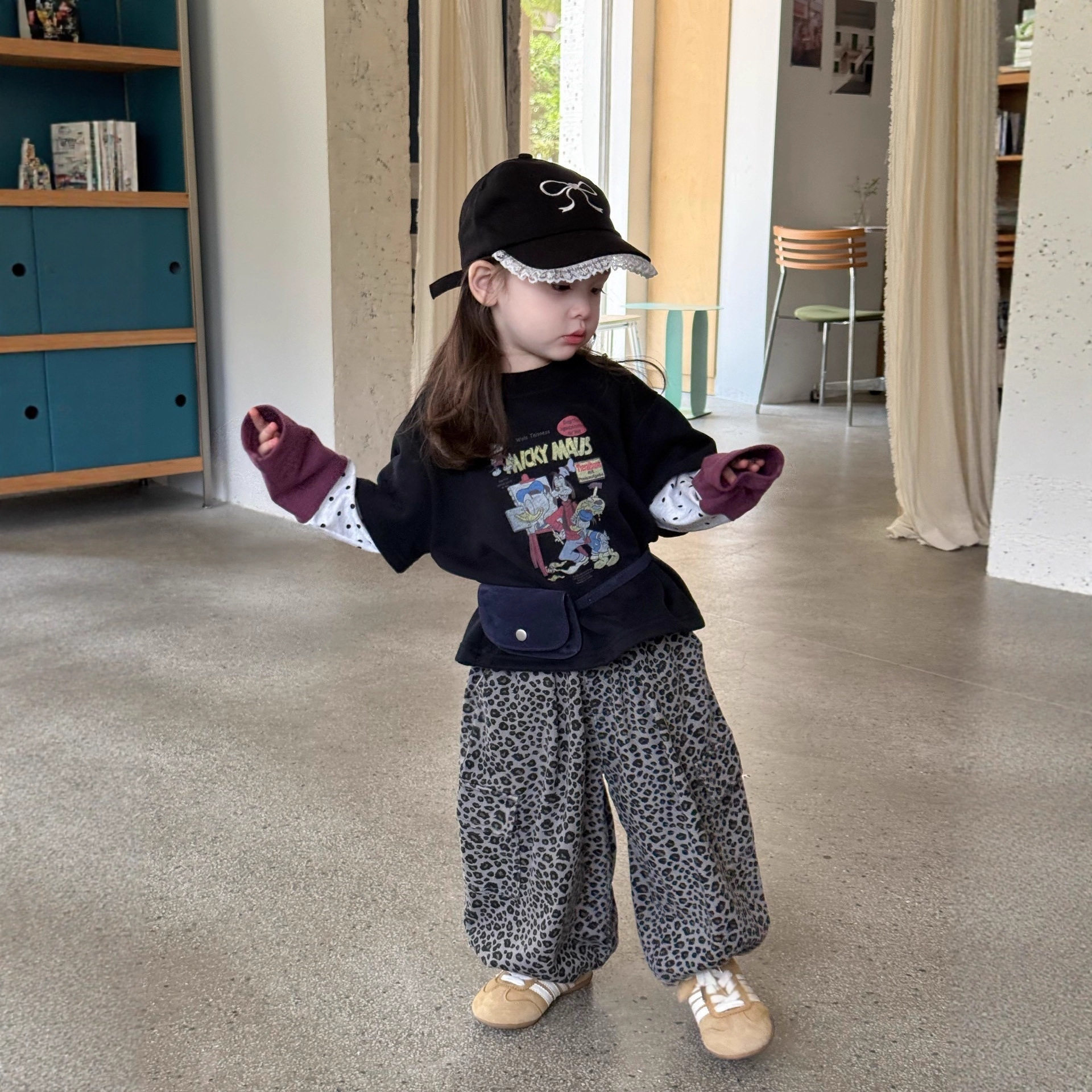 DZ25322女童童套装2025秋季卡通休闲假两件上衣波点撞色T
