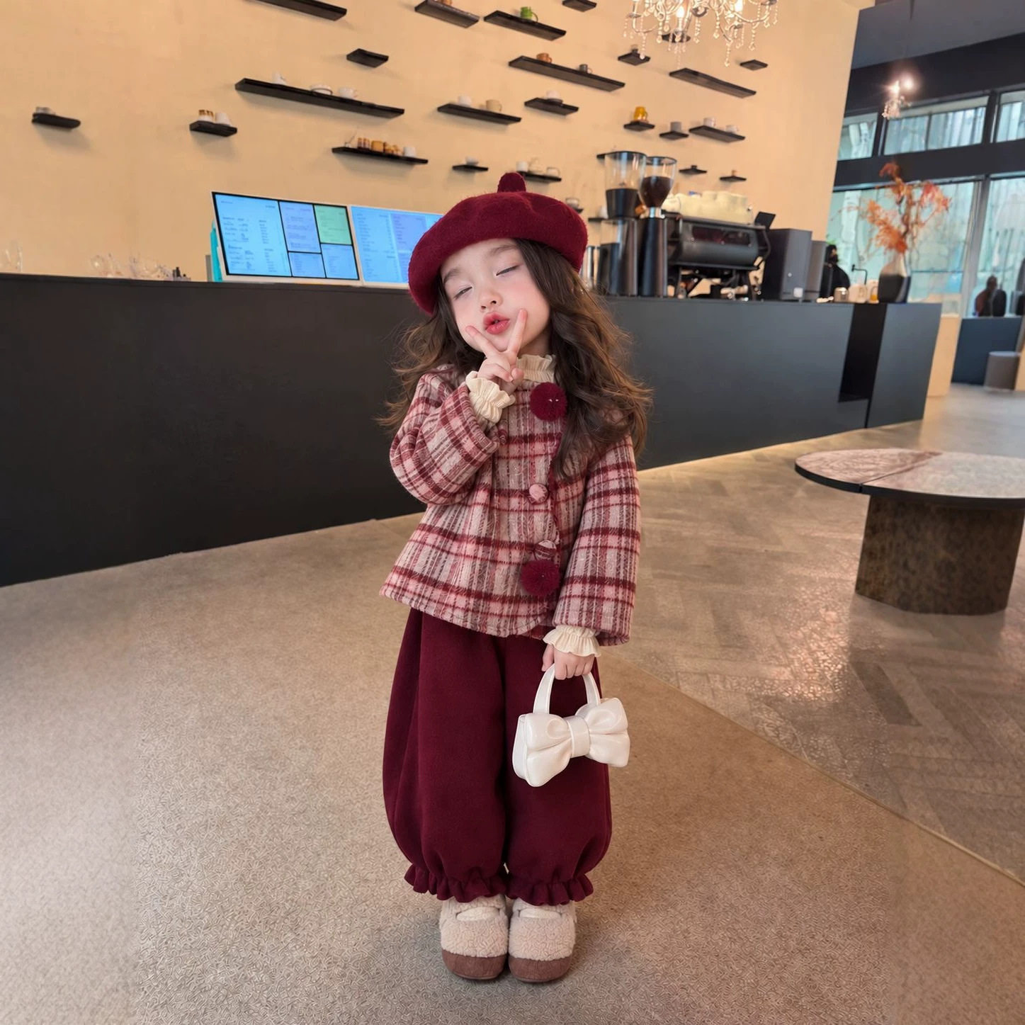 女童套装秋冬短款呢子夹棉外套儿童洋气格子上衣小女孩加绒灯笼裤