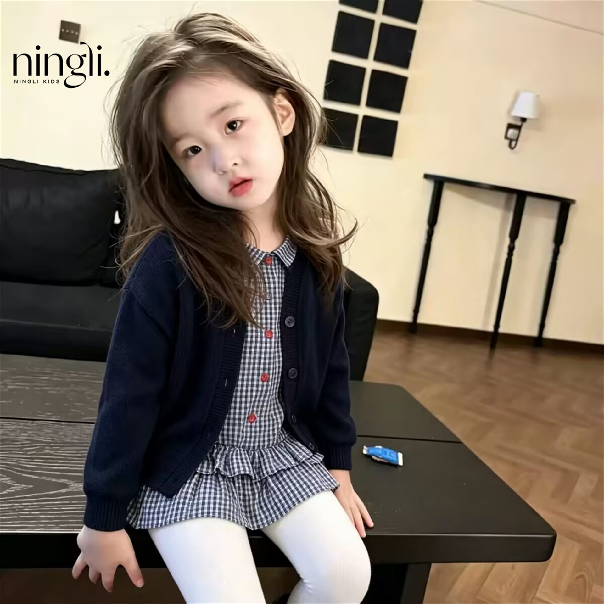 柠里女童外套宝宝秋装甜美爱心开衫儿童连衣裙时髦格子翻领衬衫裙