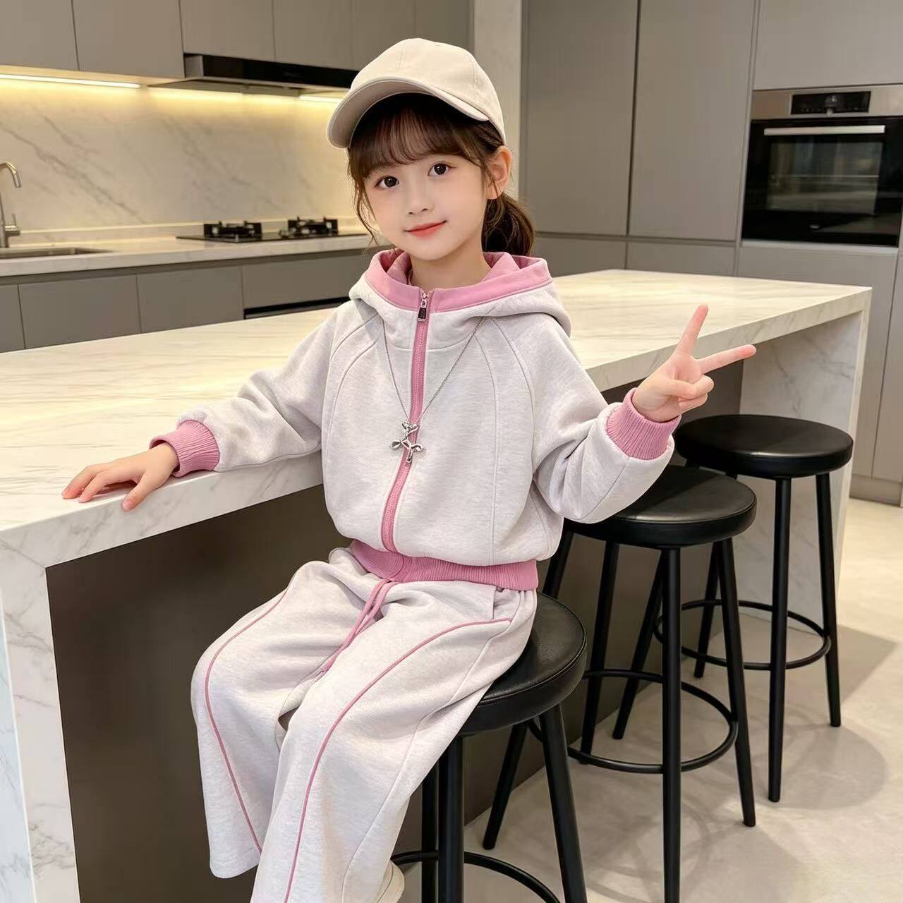 女童春秋套装中大童韩版休闲2026新款时尚洋气运动连帽两件套潮