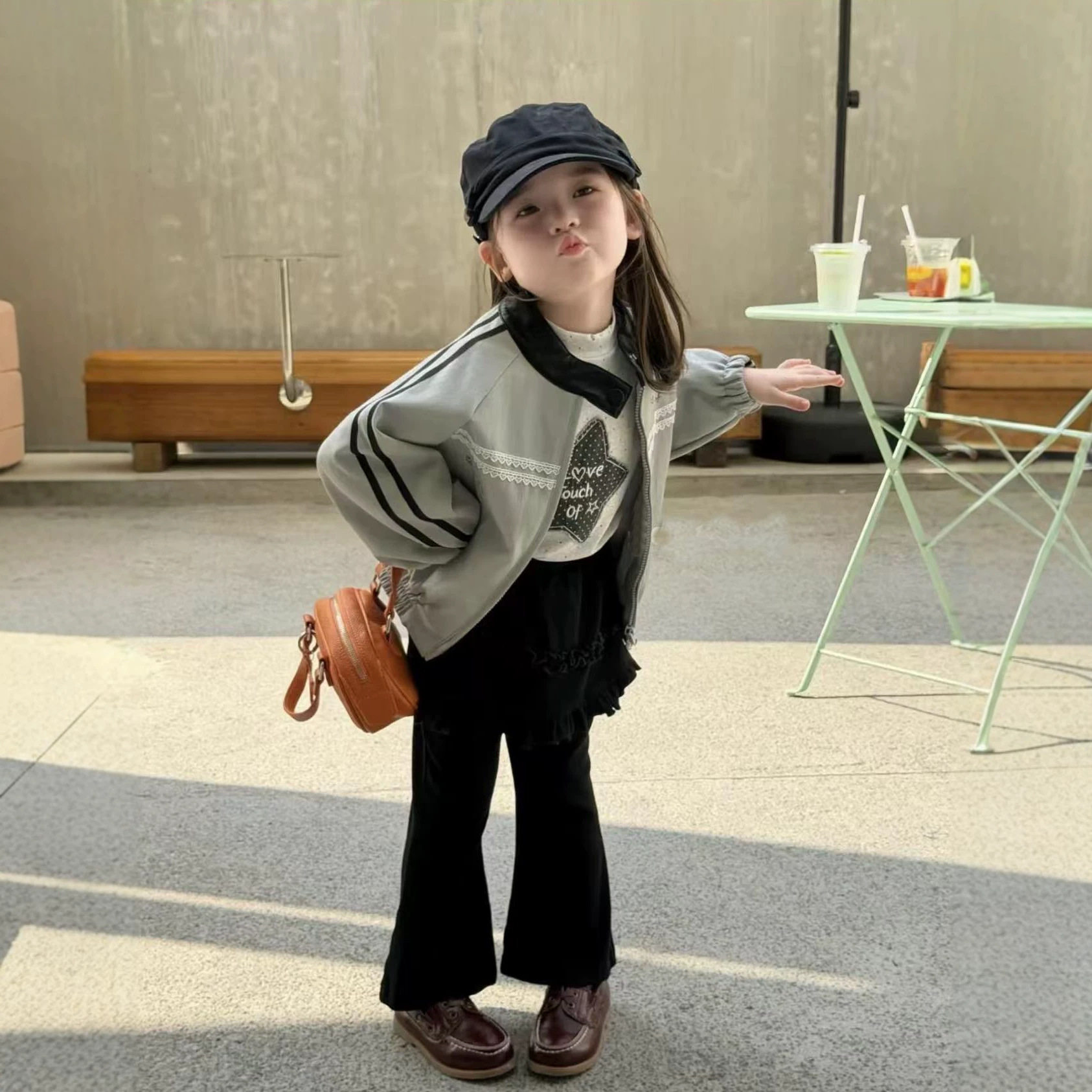【现货】女童套装2026秋装皮衣外套儿童棒球服小童打底衫女童裤子