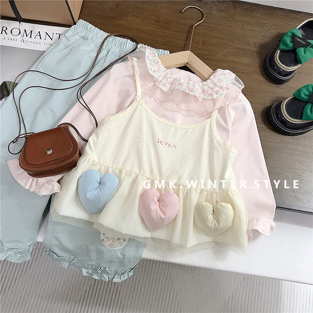 女童套装春秋新款韩版甜美立体爱心吊带三件套秋季套装女宝宝外贸