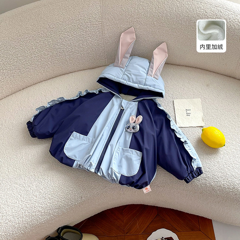 【现货】QW269169儿童加绒棉服2026秋冬女童卡通兔子撞色连帽外套