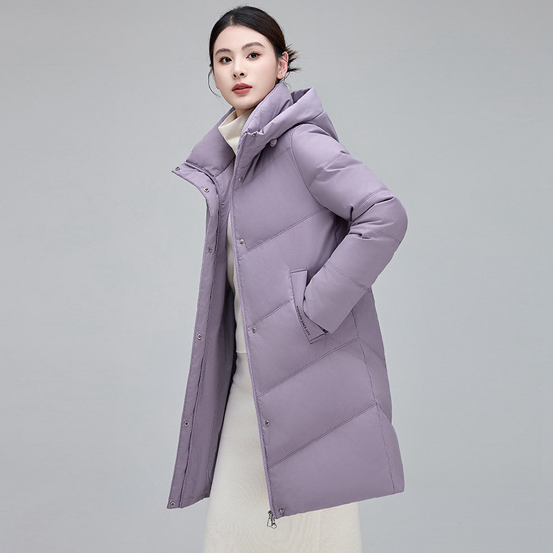 鄂绒丝羽绒服女冬中长款时尚洋气妈妈中年白鸭绒保暧连帽大码外套