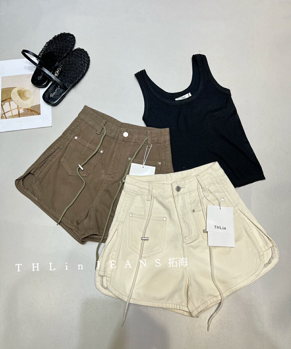 【T.H】欧货2026年春夏新高腰显瘦系带牛仔短裤女休闲阔腿热裤潮
