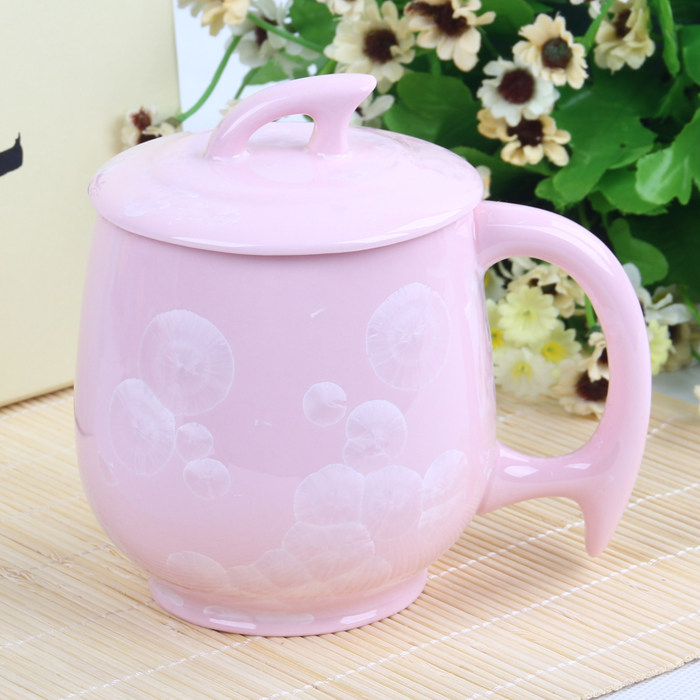 冰花瓷 彩色大容量办公水杯可爱陶瓷杯子带盖家用茶杯大肚杯