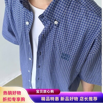 蓝色格子衬衫男款短袖夏季