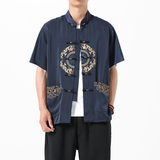 D4202^风刺绣半袖夏装上衣中老年新中式唐装男盘扣短袖衬衫，男装衬衫，钱塘777(原3023)