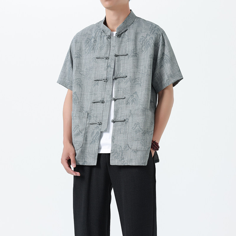 D4206^夏季新中式男士衬衫唐装一字扣短袖T印花风半袖男上衣,男装衬衫,钱塘777(原3023)