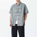 D4206^夏季新中式男士衬衫唐装一字扣短袖T印花风半袖男上衣，男装衬衫，钱塘777(原3023)