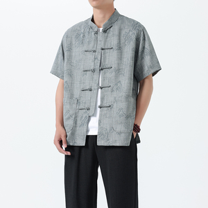 D4206^夏季新中式男士衬衫 唐装一字扣短袖T 印花风半袖男上衣图片