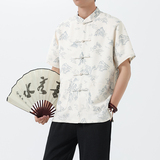D4206^印花风半袖男上衣夏季新中式男士衬衫唐装一字扣短袖T，男装衬衫，钱塘777(原3023)
