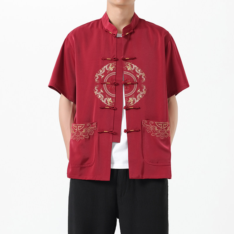 D4202^风刺绣半袖夏装上衣中老年新中式唐装男盘扣短袖衬衫，男装衬衫，钱塘777(原3023)