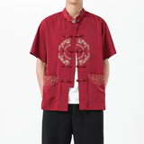 D4202^风刺绣半袖夏装上衣中老年新中式唐装男盘扣短袖衬衫，男装衬衫，钱塘777(原3023)