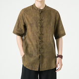 C38^苎麻休闲短袖衬衫中式潮流复古盘扣清凉薄款立领衬衣，男装T恤，钱塘777(原3023)
