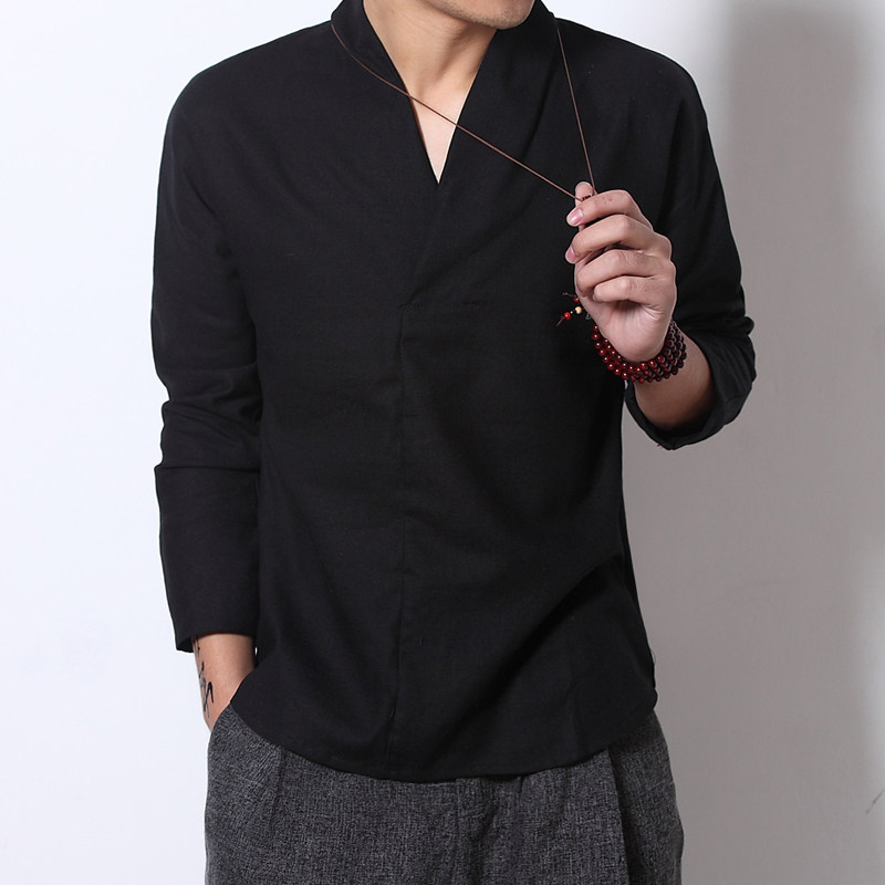 C606^潮风亚麻男长袖宽松衬衫茶衣禅服%亚麻 75%涤纶图片
