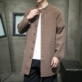 JK231^民族风服装亚麻长款男上衣春秋风衣夹克风棉麻唐装，男装民族服装，钱塘777(原3023)