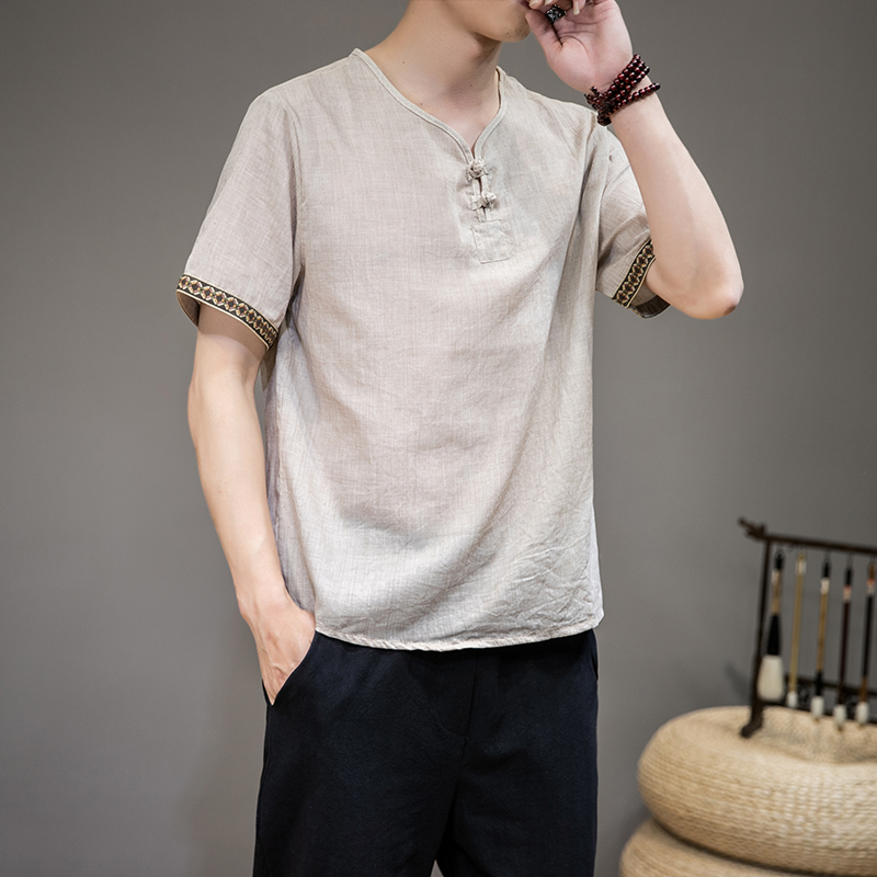 1702^风男装仿棉麻T恤夏季宽松短袖古风上衣中式t恤量大从优，男装T恤，钱塘777(原3023)