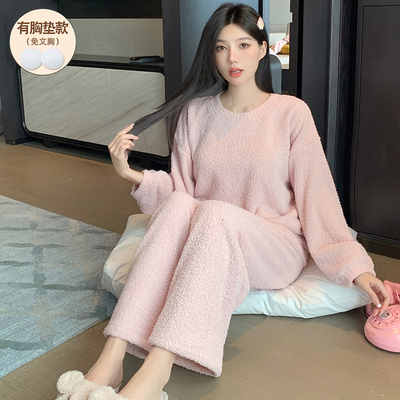 带胸垫冬季睡衣女款长袖半边绒