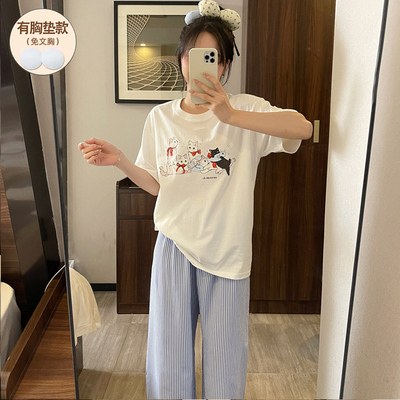 睡衣女款夏纯棉带胸垫短袖可外穿
