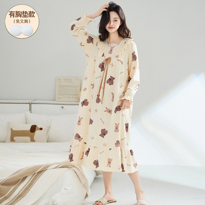 睡裙带胸垫女春秋纯棉睡衣可外穿