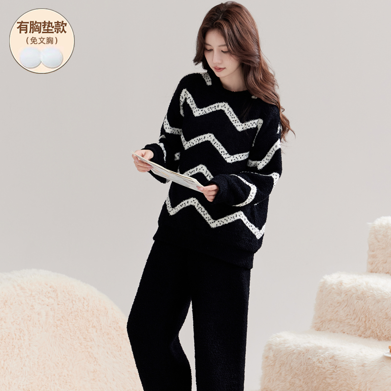 带胸垫睡衣女款冬季半边绒保暖