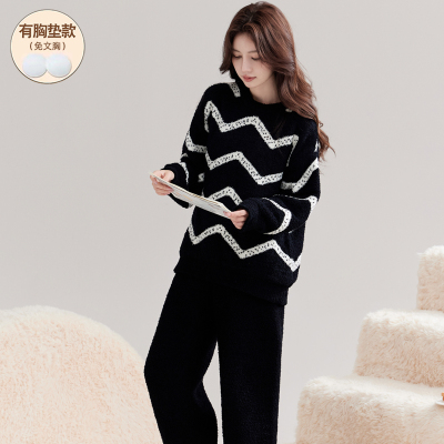 带胸垫睡衣女款冬季半边绒保暖