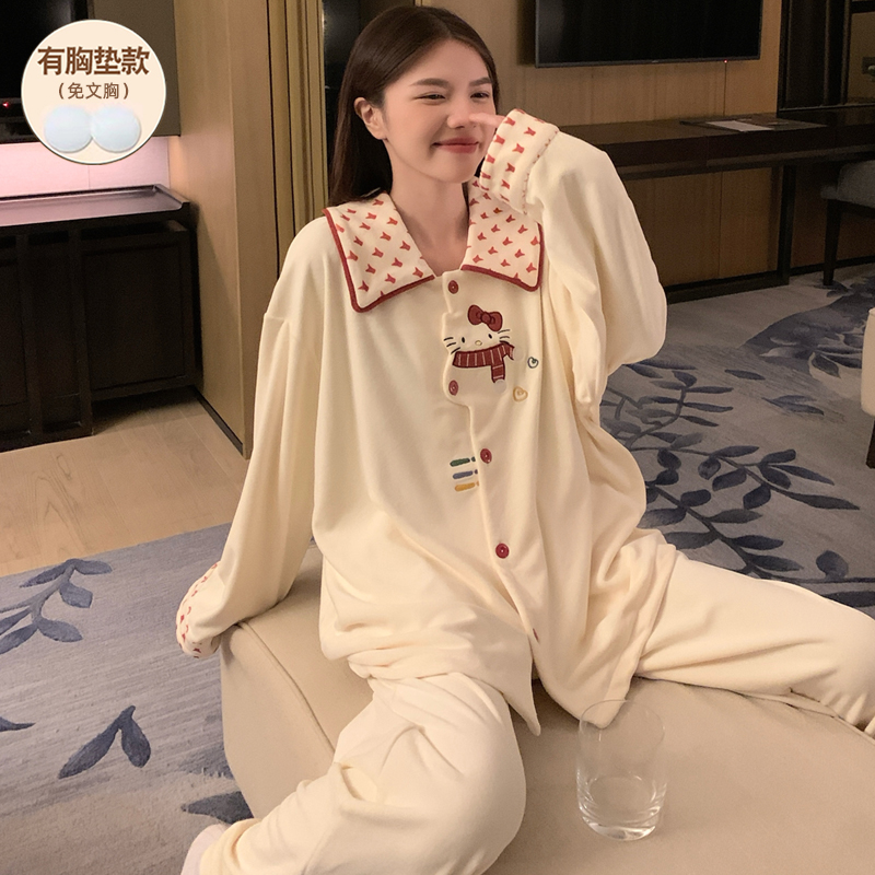 KT猫冬季睡衣女款海岛绒保暖加厚带胸垫2025新款防凸点套装网红款