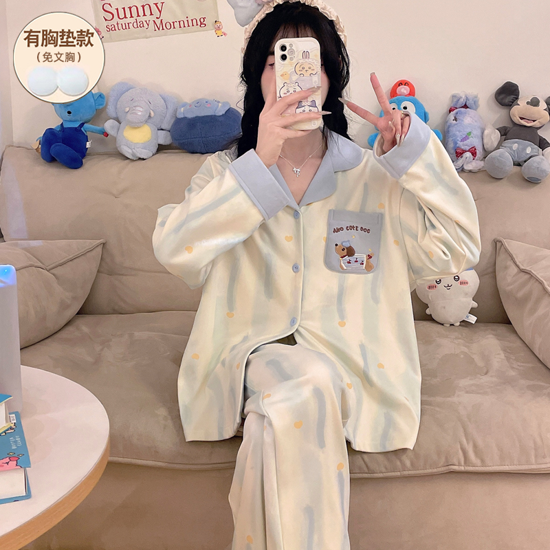 带胸垫睡衣女款秋冬季长袖德绒