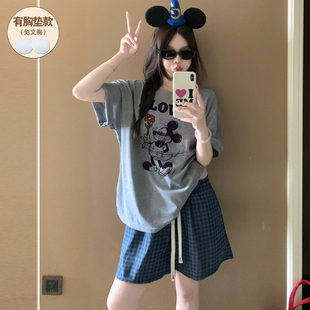 可爱米奇睡衣女带胸垫夏季纯棉短袖2026新款网红风薄款可外穿套装