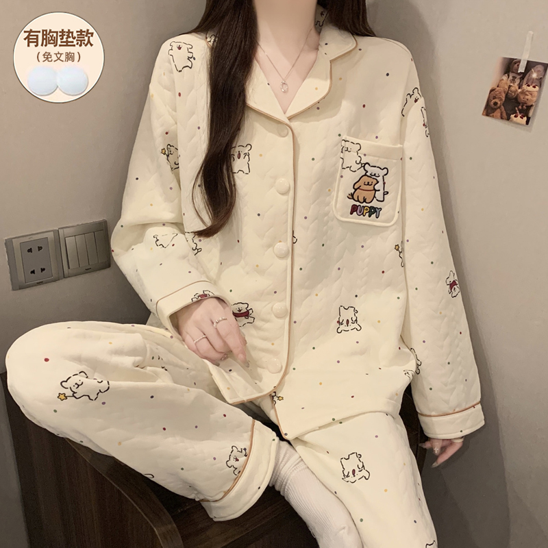 带胸垫睡衣女款秋冬季空气棉夹层