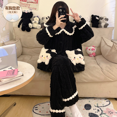 带胸垫冬季睡衣女款珊瑚绒法兰绒