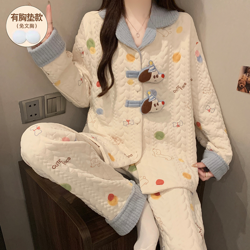冬季睡衣女款长袖空气棉夹层加厚