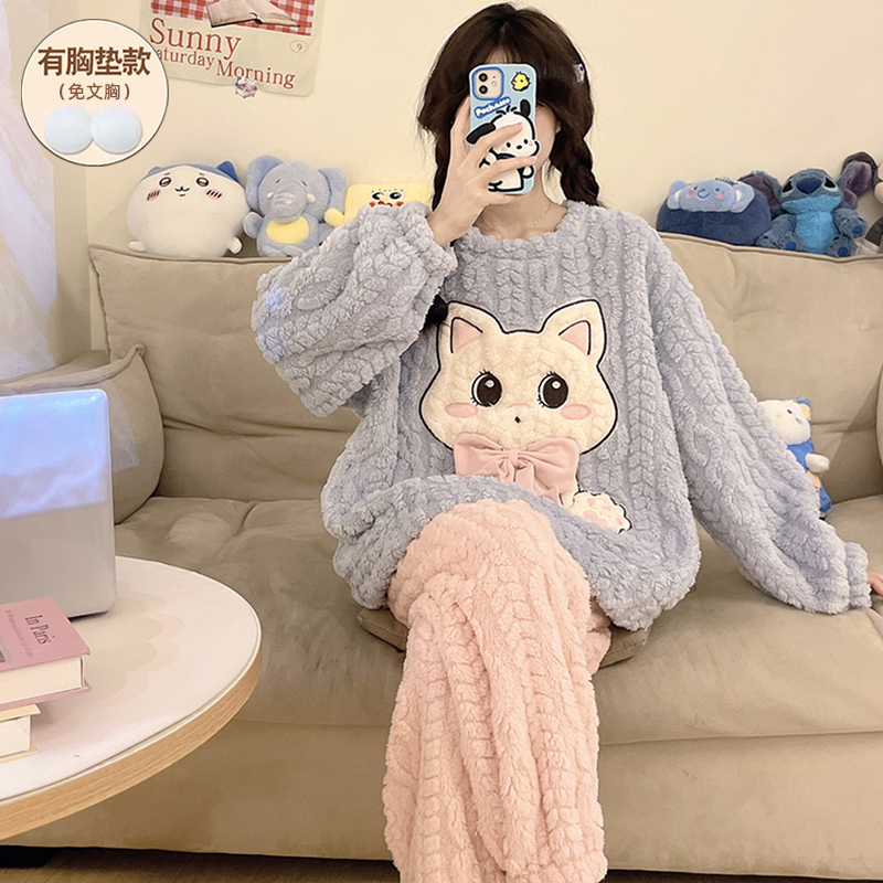 加绒加厚睡衣女款冬季带胸垫保暖
