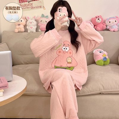 睡衣女冬季带胸垫空气棉纯棉保暖