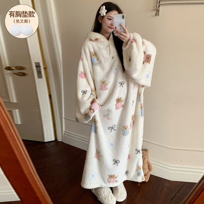 睡袍冬加厚女款睡裙珊瑚绒可外穿
