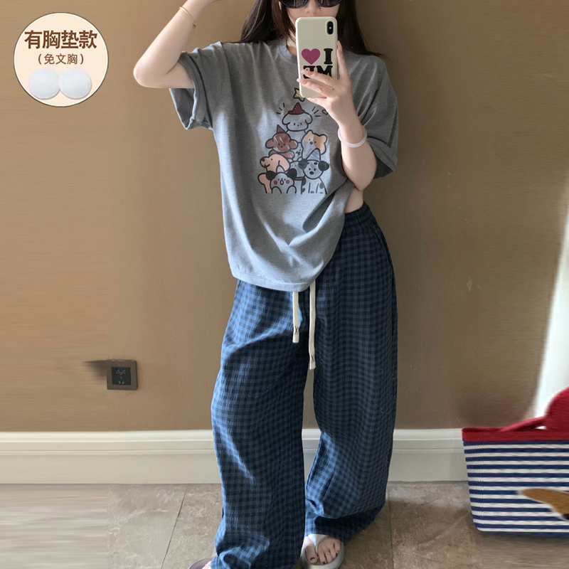 睡衣女款夏带胸垫纯棉短袖网红款
