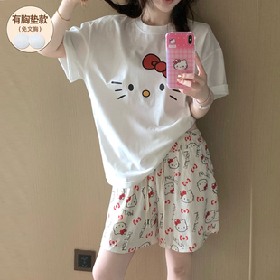KT猫睡衣女款夏带胸垫短袖短裤2025新款纯棉网红款套装可爱家居服