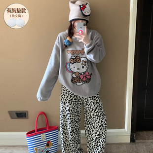 KT猫睡衣女款冬季保暖加厚珊瑚绒防凸点带胸垫卡通家居服2025新款