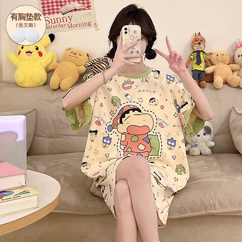 卡通蜡笔小新纯棉睡衣女款夏带胸垫短袖2026新款可爱居家服网红风