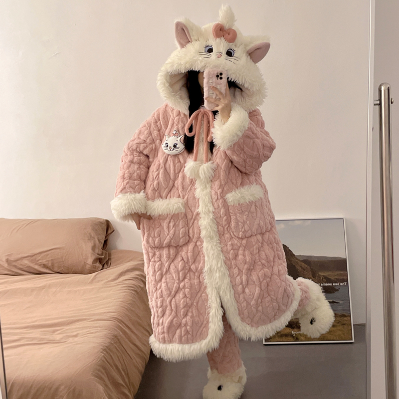 睡衣珊瑚绒三层加厚夹棉袄可外穿