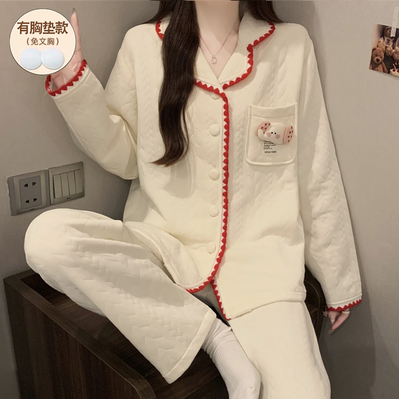 空气棉夹层睡衣女款秋冬季加厚