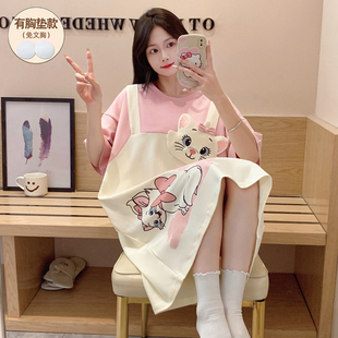带胸垫睡裙女夏睡衣纯棉短袖 小个子女生可爱可外穿薄款 2025年新款