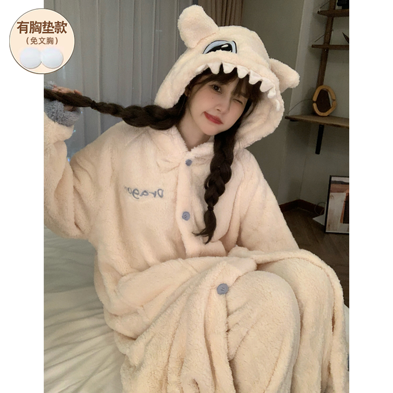 珊瑚绒冬季睡衣女款睡袍斗篷加厚浴袍长袍可外穿连帽套装2025新款