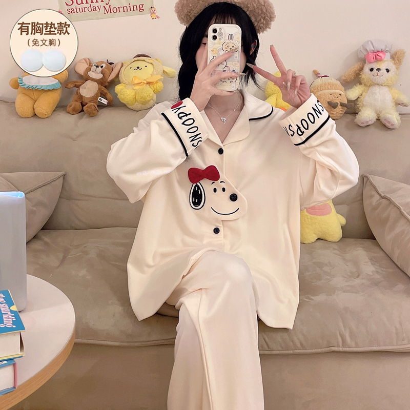 德绒睡衣女款秋冬季加厚带胸垫