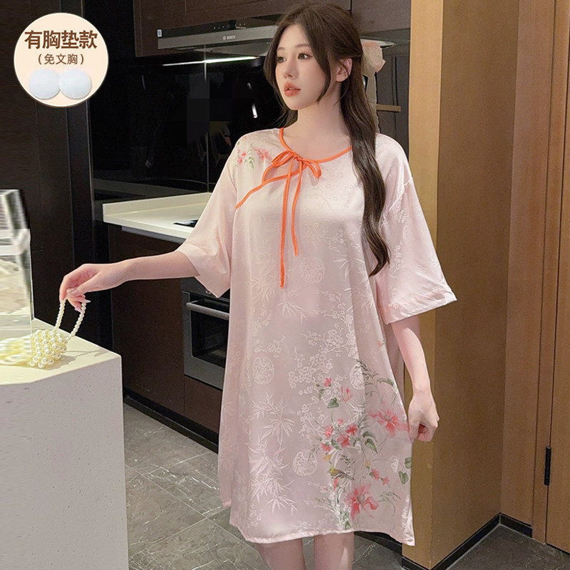 冰丝新中式睡裙女夏季带胸垫高级感仿真丝绸睡衣国风大码2025新款