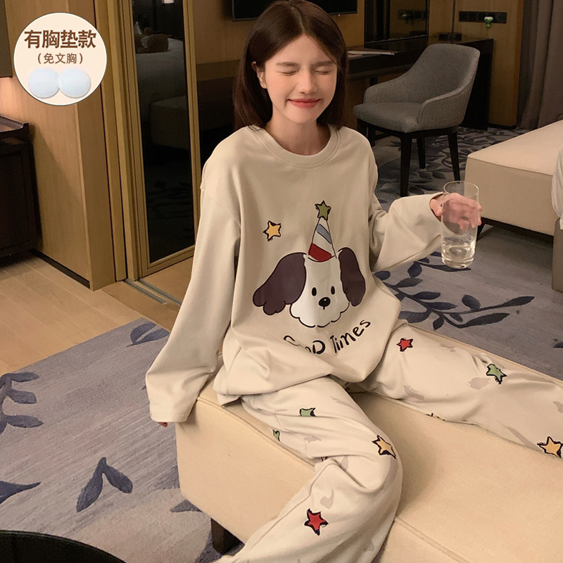 德绒睡衣女款秋冬季加厚带胸垫