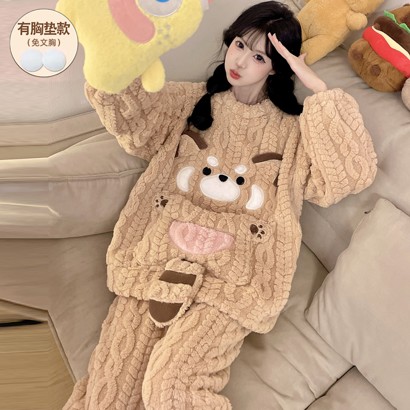 卡通帕恰狗睡衣女款冬季保暖加绒加厚珊瑚绒法兰绒带胸垫套装少女