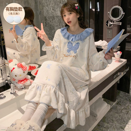 带胸垫睡裙冬季睡衣冬天长袖珊瑚绒法兰绒2025年新款大码孕妇长款